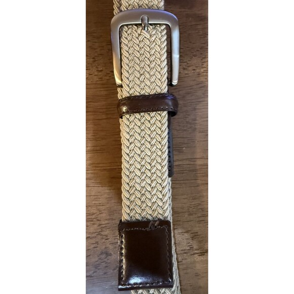 Mens Stretch Woven Belt L Khaki Brown Adjustable Leather Trim Golf Classic USA - Picture 6 of 6